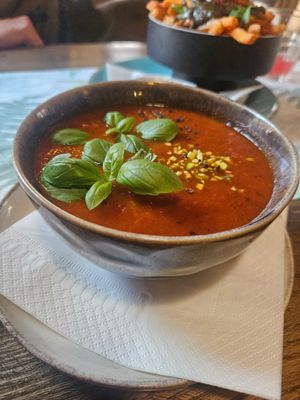 Tomato soup with lumps of tofu at the bottom! at Metafora in Szklarska Poreba