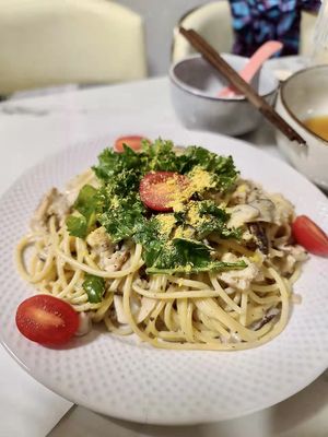Pasta with cream of mushroom and nutritional yeast   at Young Vegan - 有样纯素西点 in Shenzhen