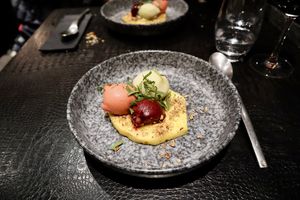 Dessert : Assiette de Sorbets Maison, 
Fraise des bois, Pomme & Myrtille  at Cancan in Rouen