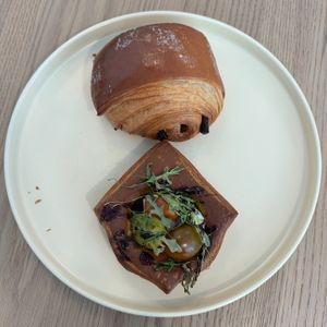 chocolate croissant & pesto pastry (from the storefront)  at Bonjour Patisserie in San Diego