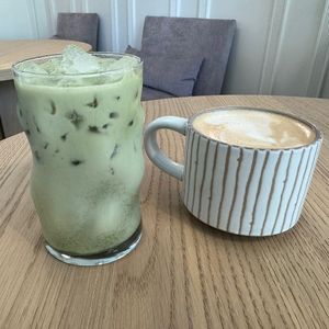 oat milk matcha and coffee   at Bonjour Patisserie in San Diego