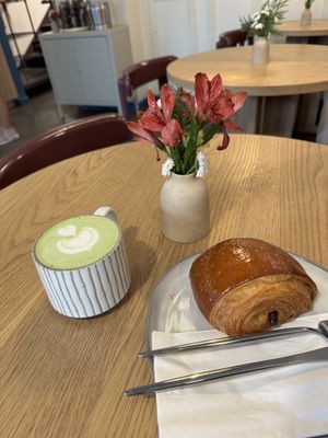 Lavender matcha and pain au chocolat   at Bonjour Patisserie in San Diego