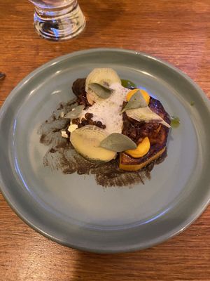 Squash, pickled walnut, hogweed infused soya, pickled carrot, cavolo Nero oil, squash foam  #Veganuary at Foxglove in Barmouth