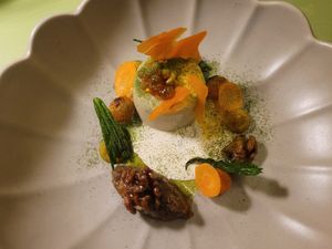 Hay infused oat & soya panacota, picked walnut caviar, caralmasided walnut, hay baked carrot, blanched carrot, wild garlic oil, nettle dust (Dish 1). #Veganuary at Foxglove in Barmouth