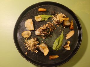 Cashew nut and soy mascapone, acorn oil, pan-fried artichoke, alexanders sea plant, popped wild rice, acorn soy jelly, earl grey fermented mushrooms (Dish 2). #Veganuary at Foxglove in Barmouth