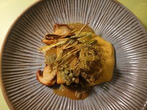 Poutini, gravy  potato mouse, moss, celeriac (Dish 4). #Veganuary at Foxglove in Barmouth