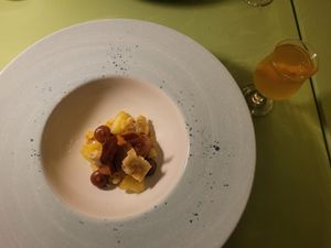 Caramel sauce, almond cake, carlamised apple, peanut brittle, mouse, and kambucha infused with orange and black pepper (Dish 5). #Veganuary at Foxglove in Barmouth