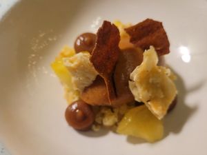 Caramel sauce, almond cake, carlamised apple, peanut brittle, mouse (Dish 5). #Veganuary at Foxglove in Barmouth