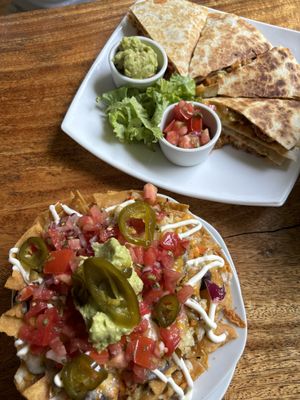 Vegetarian nachos + quesadilla (can be made vegan upon request)  at Los Gatos Locos in Ojochal De Osa