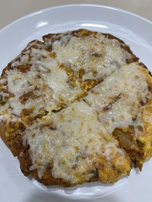 Vegan Santa Fe Pizza with scrambled just egg, vegab chorizo, onions, and peppers with vegan cheeze  at The Lucky Penny Diner and Deli in Naperville