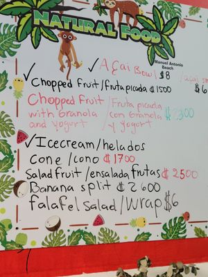 Some of the food menu which includes vegan wraps at Perezoso Coffee House in Manuel Antonio