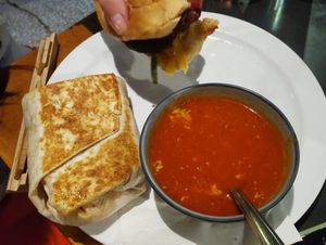 Bahn mi burrito and gaia burger i think?? Idk if the soup was vegan or not 🤷‍♀️ at Iron Goat Brewing in Spokane