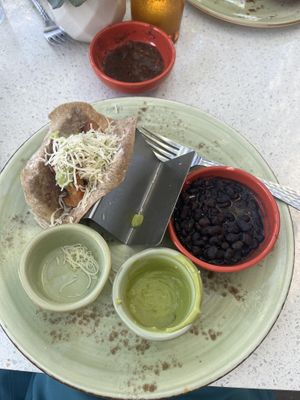 This is the vegan shrimp taco with fake cheese, fake shrimp and guacamole  at Pueblo in San Diego