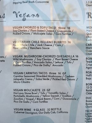 Vegan section of the menu  at Pueblo in San Diego