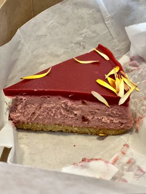 Vegan passionfruit raspberry cheesecake- delicious !  at Magdelena's in Petaluma