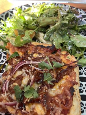 BBQ pizza and Magdalena’s signature salad   at Magdelena's in Petaluma