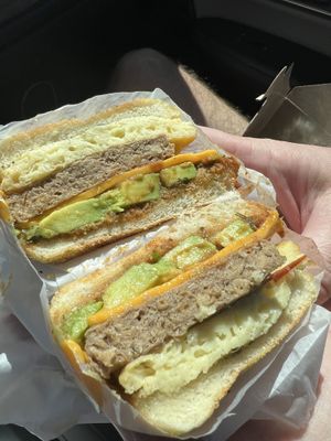Just egg, sausage, cheese and avo breakfast sandwich    at Magdelena's in Petaluma