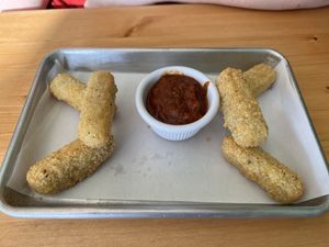 Vegan Mozzarella sticks with marinara   at Magdelena's in Petaluma