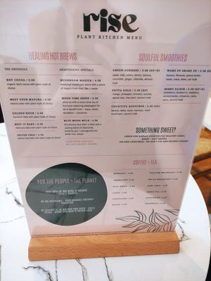 Drinks menu at Rise Plant Kitchen + Movement Studio in Malvern