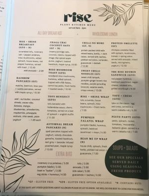 Menu  at Rise Plant Kitchen + Movement Studio in Malvern