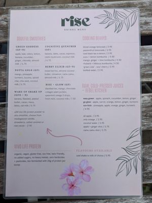 Drinks menu - August 2025 at Rise Plant Kitchen + Movement Studio in Malvern