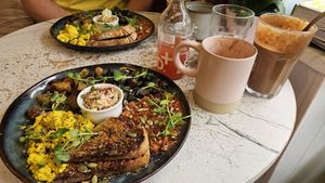 Rise and Shine breakfast, wake up and shake up smoothie with salted caramel protein, hazelnut hot chocolate and pink lemonade at Rise Plant Kitchen + Movement Studio in Malvern