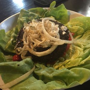 good but greasy! 'vegan on shrooms' w/ lettuce wrap instead of a bun.  at Urban Stack Burger Lounge in Chattanooga