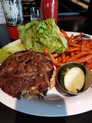 mushroom vegan burger and sweet potato fries at Urban Stack Burger Lounge in Chattanooga