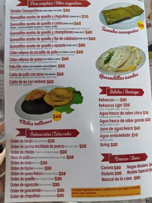 Menu at Comedor Chabelita in Oaxaca