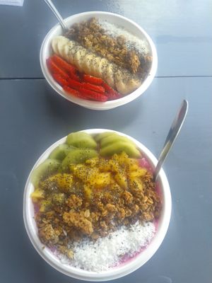 Playa pitaya and blue zone smoothies at Marea Surf Shop Cafe in Samara