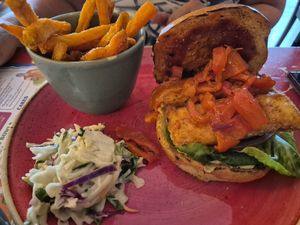 Vegetarian halumi burger with sweet potato fries at Lounges - Claro Lounge in Ripon