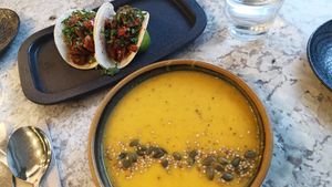 Tacos cogumelos ostra e creme de legumes da época. at The Green Affair - Parque das Nações in Lisbon