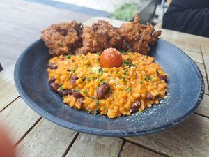Patties and rice beans at The Green Affair - Parque das Nações in Lisbon