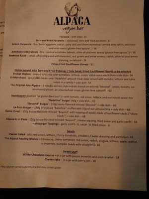 Menu at Alpaca Bar in Tel Aviv