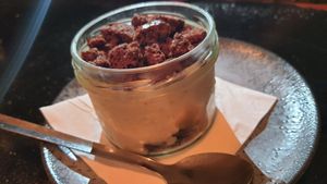 White chocolate mousse and brownie dessert at Alpaca Bar in Tel Aviv