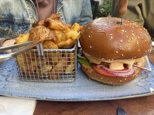 Burger with almond feta cheese and redefine meat   at Alpaca Bar in Tel Aviv