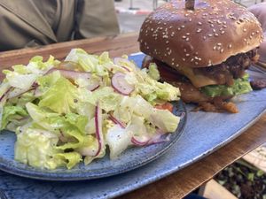 Game over — burger with beyond meat and more foods asado   at Alpaca Bar in Tel Aviv