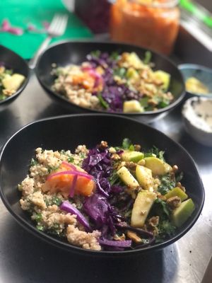 Salad bowl with karakilcik bulgur  at Layla Kombucha in Canakkale