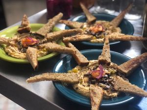 Hummus plate with mushroom at Layla Kombucha in Canakkale