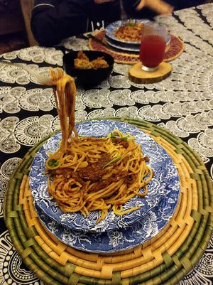 Macarrão à bolonhesa  #Veganuary at Espaço Maha Devas in Sao Lourenco