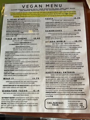 The vegan menu with disclaimer   at Perfect Pear Bistro in Tempe