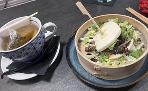 Jasmine tea & Sticky Oyster Mushroom Bao Bun  at Yagi Noodles in Newport