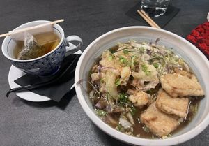kakiage Udon +crispy tofu  at Yagi Noodles in Newport