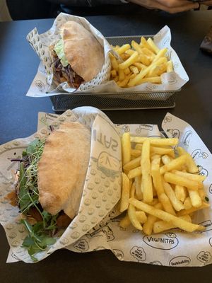 Seitan and tempeh pittas with fries  at Veganitas in Zurich