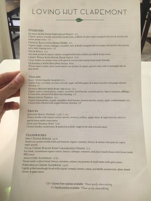 Menu at Loving Hut in Claremont