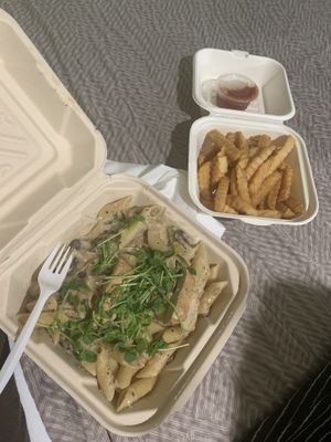 Cashew Creamy Penne w Wild Mushrooms, Fries at Loving Hut in Claremont