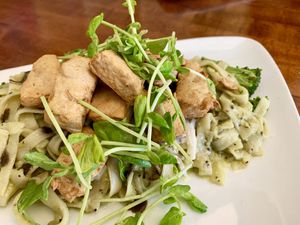 Pesto Pasta w/ Chick'n (they ran out of shrimp) at Loving Hut in Claremont