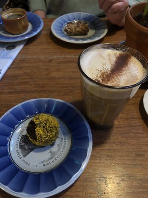 The raw ball and a hot drink with almond milk  at Lagoni in Helsingoer