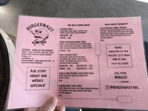 Menu side 1 at Burgernaut in Auckland