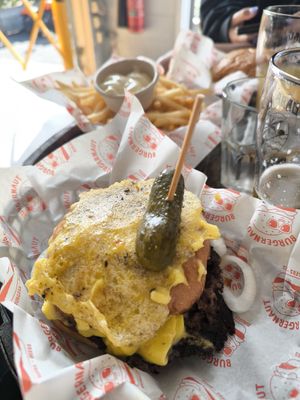 West end Burger. Looks like a wild ride and it was. There was grilled vegan cheese on top of the bun. at Burgernaut in Auckland